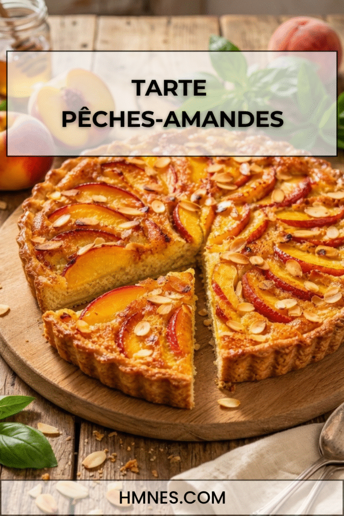 Tarte pêches aux amandes avec une part fondante découpée