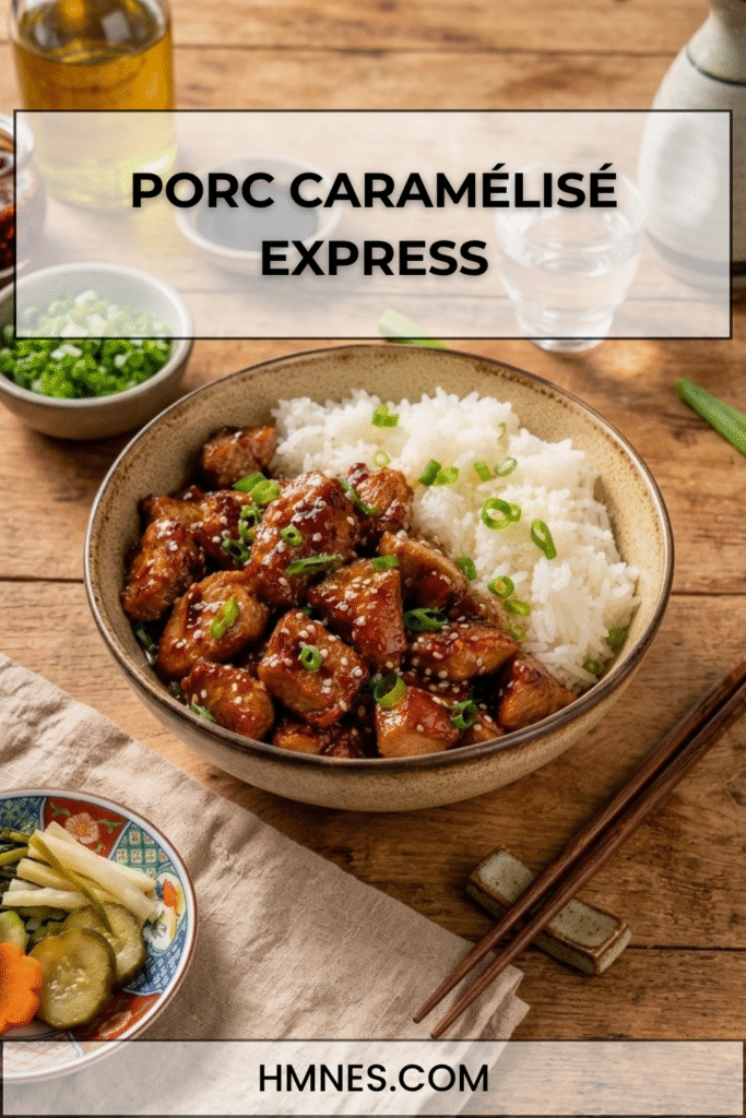 Porc caramélisé tendre avec sauce brillante et riz