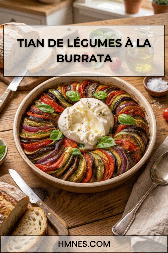 Tian légumes d’été avec burrata crémeuse et basilic