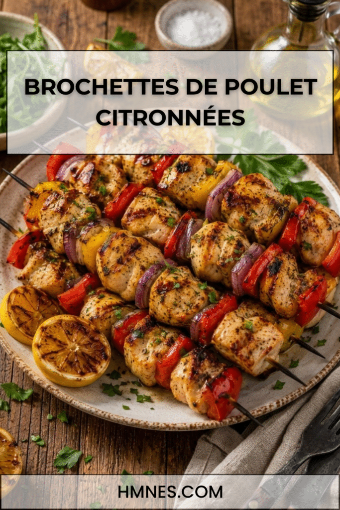 Brochettes poulet au citron avec poivrons grillés