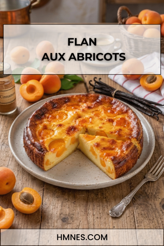 Flan abricots fondant à la vanille avec une part découpée