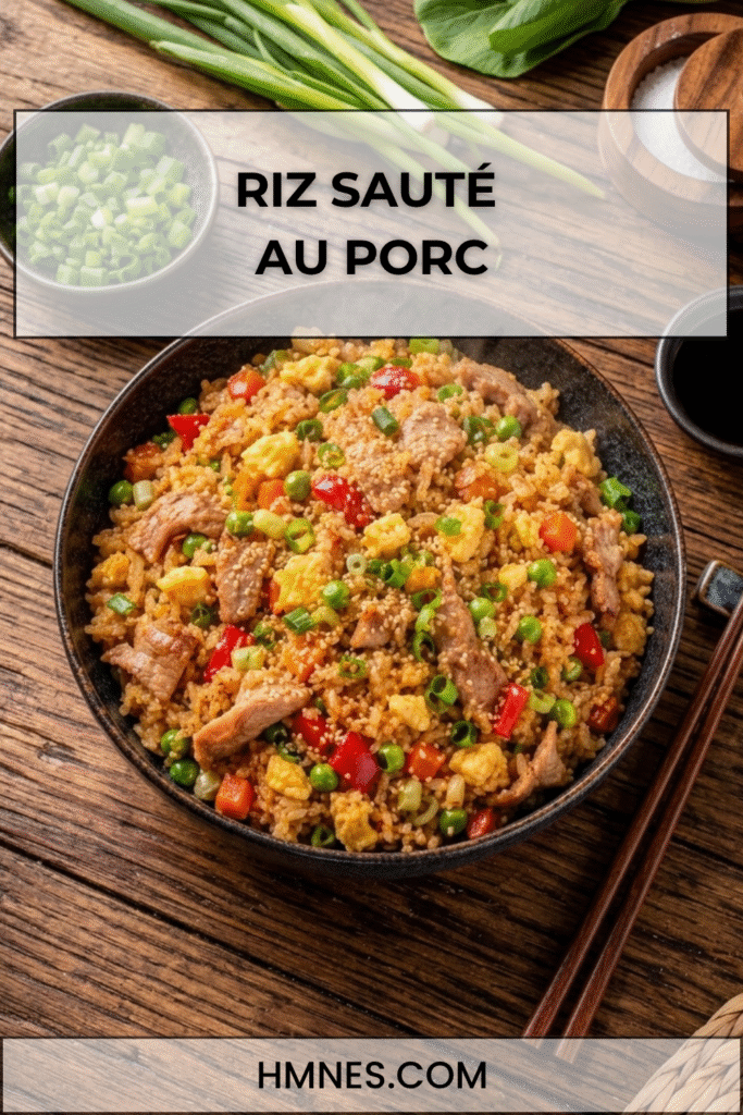 Riz sauté au porc avec œufs et légumes colorés