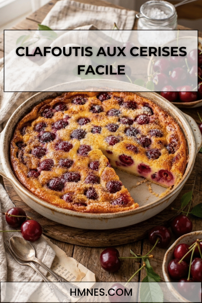 Clafoutis aux cerises fondant avec une part découpée