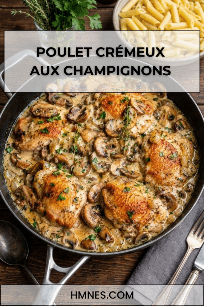 Poulet crémeux aux champignons servi dans une poêle