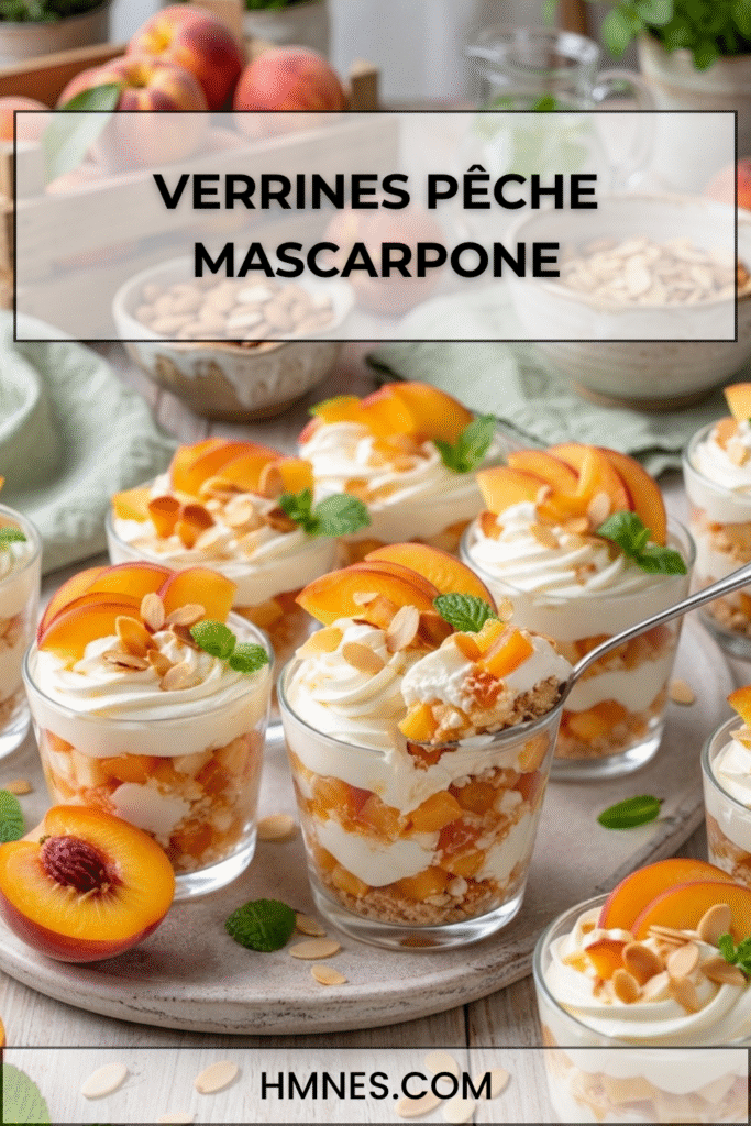 Verrines pêche mascarpone avec biscuits et amandes