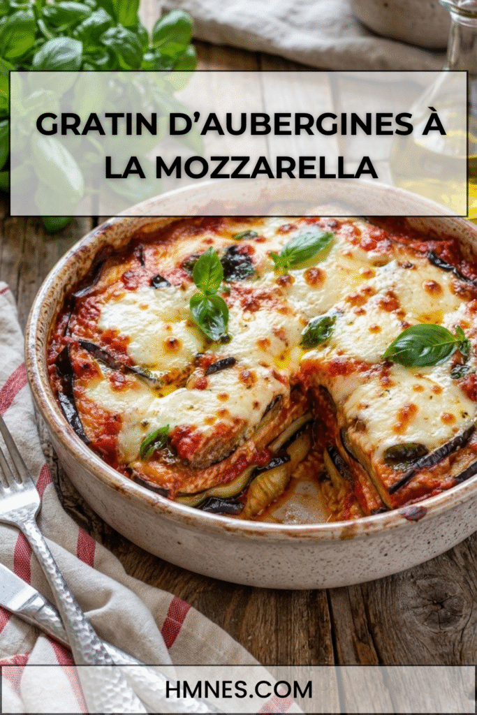 Gratin d’aubergines à la mozzarella avec sauce tomate, fromage fondu, basilic frais et surface dorée
