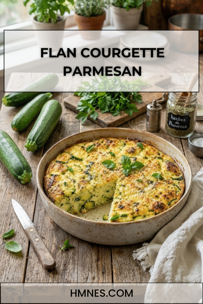 Flan courgette parmesan doré avec courgettes fondantes, parmesan râpé, herbes fraîches et texture moelleuse