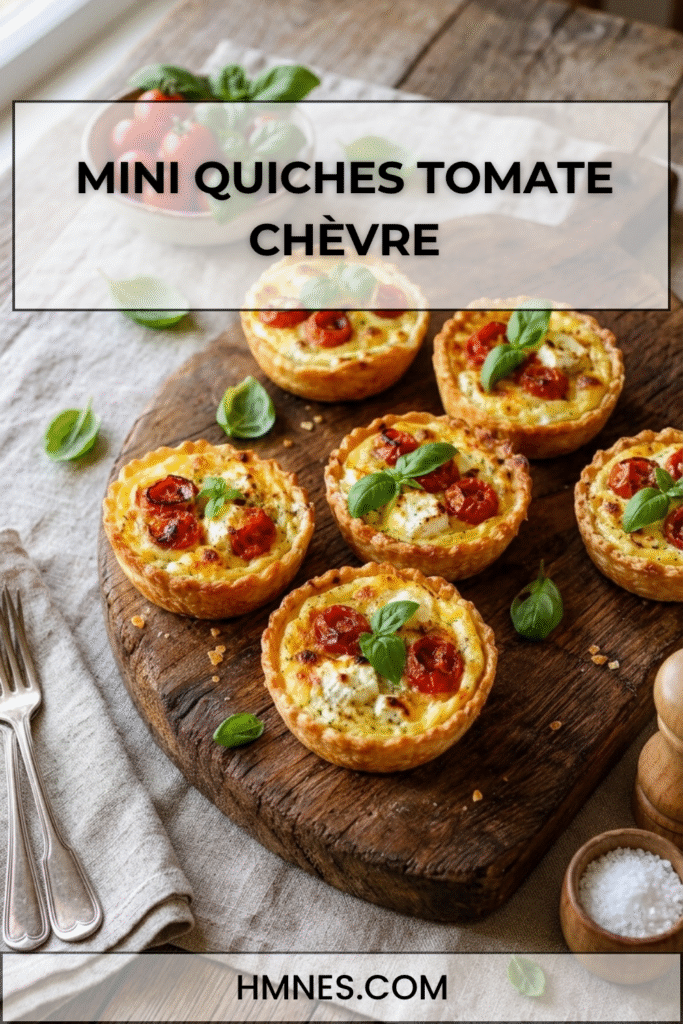 Mini quiches tomate chèvre dorées avec tomates cerises, fromage de chèvre fondant, basilic frais et pâte croustillante
