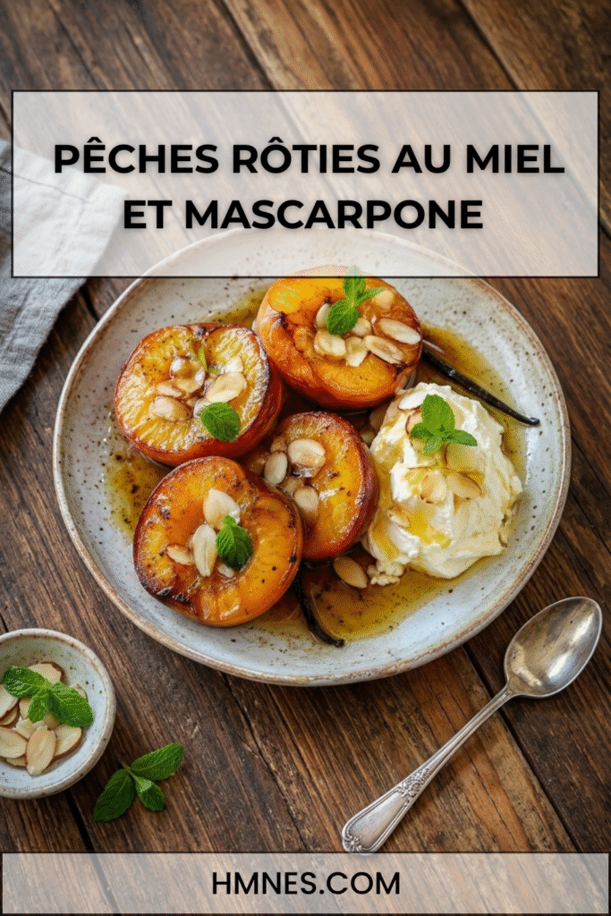 Pêches rôties au miel avec mascarpone crémeux, amandes effilées dorées et jus caramélisé