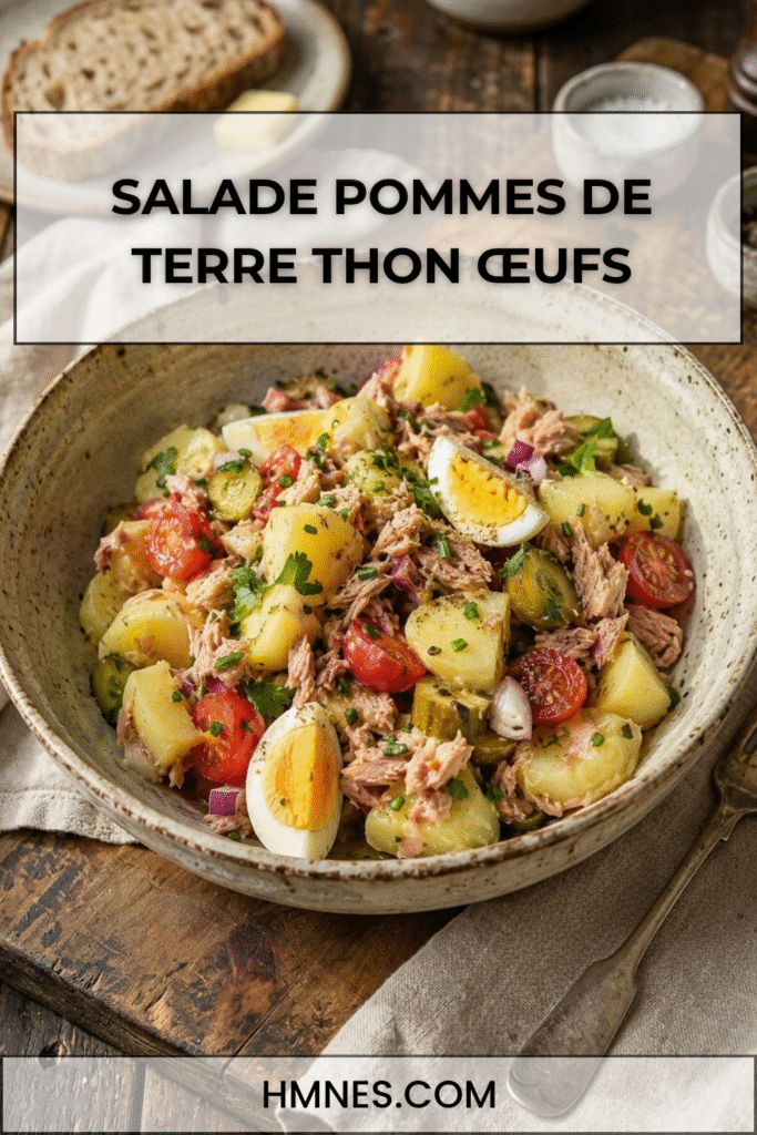 Salade pommes de terre thon œufs avec tomates, cornichons, herbes fraîches et vinaigrette maison