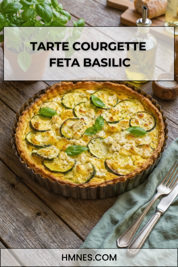 Tarte courgette feta basilic avec pâte dorée, rondelles de courgettes, feta émiettée et basilic frais