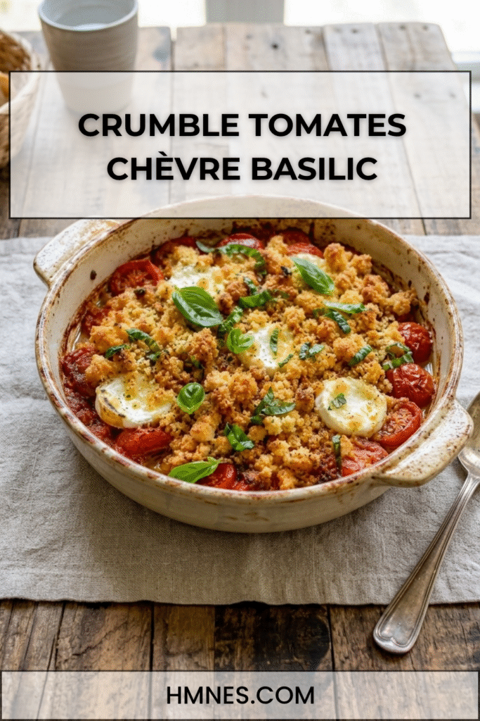 Crumble salé aux tomates, chèvre fondant, basilic frais et pâte croustillante dorée