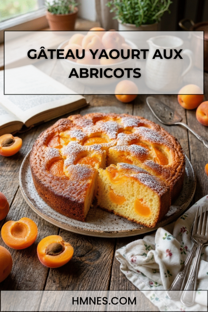 Gâteau yaourt aux abricots moelleux avec morceaux d’abricots fondants, surface dorée et sucre glac