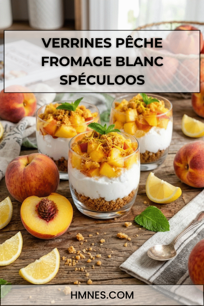 Verrines aux pêches, fromage blanc crémeux et spéculoos émiettés avec morceaux de fruits frais