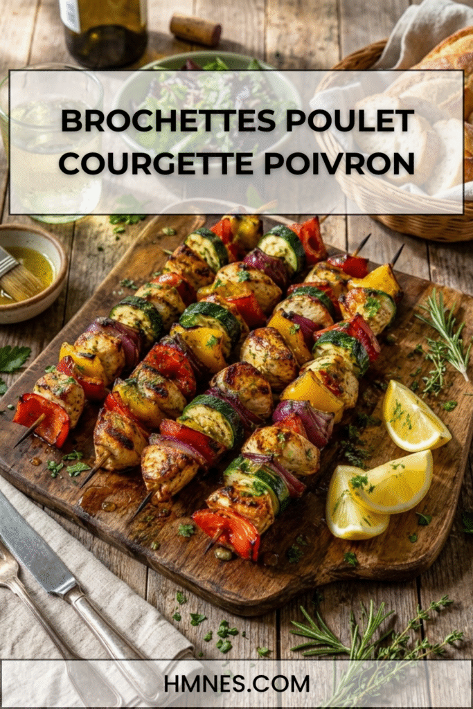Brochettes de poulet avec courgette et poivron grillés, herbes fraîches et marinade citronnée