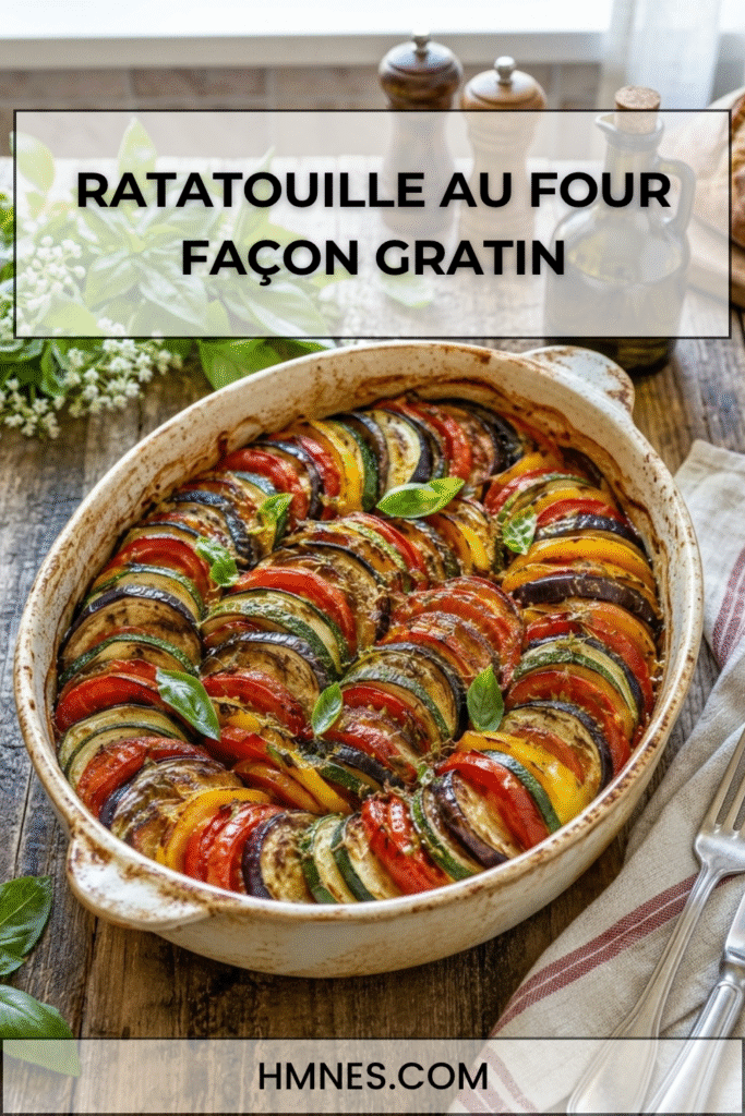 Ratatouille au four façon gratin avec courgettes, aubergines, tomates, poivrons, herbes de Provence et surface dorée