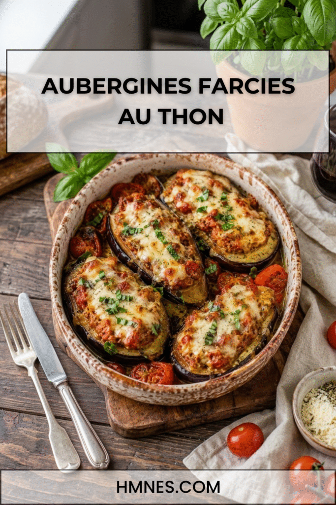 Aubergines farcies au thon, tomates et mozzarella gratinées servies dans un plat rustique avec basilic frais.