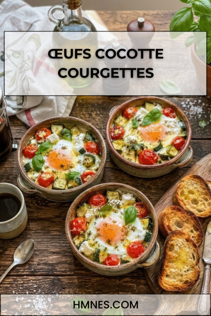 Œufs cocotte courgettes, tomates cerises et chèvre frais servis dans des ramequins rustiques avec basilic frais et pain grillé.