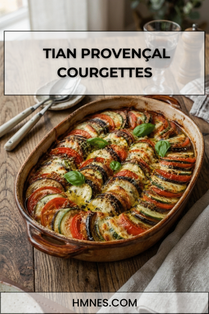 Tian provençal courgettes, tomates, aubergines et mozzarella gratinée dans un plat rustique avec basilic frais.