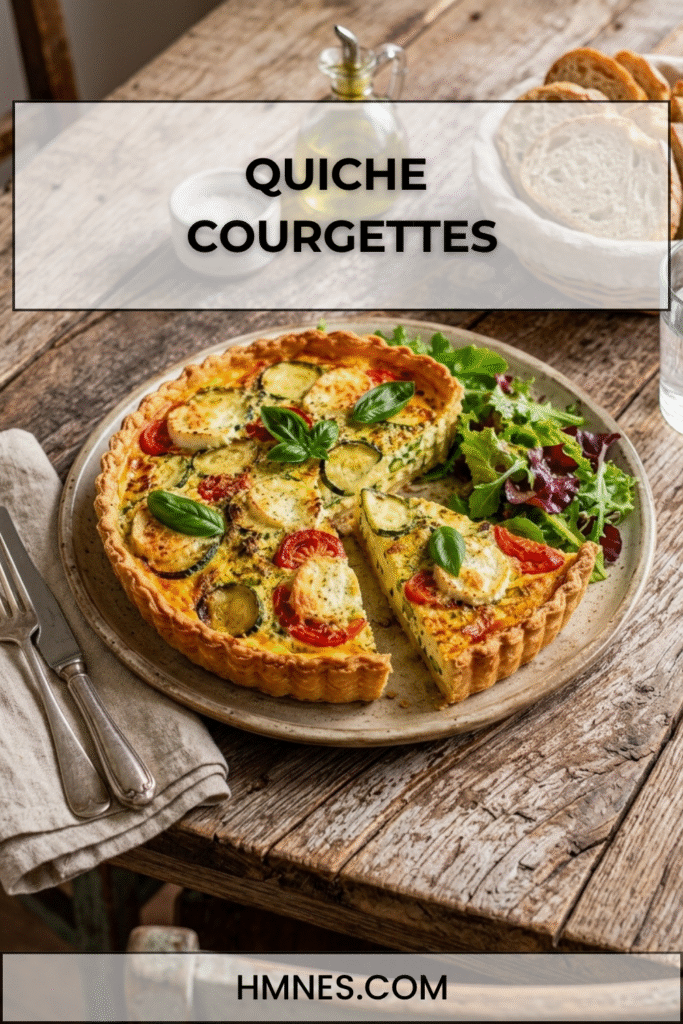 Quiche courgettes tomates et chèvre frais dorée servie sur une table rustique avec basilic frais et salade verte.