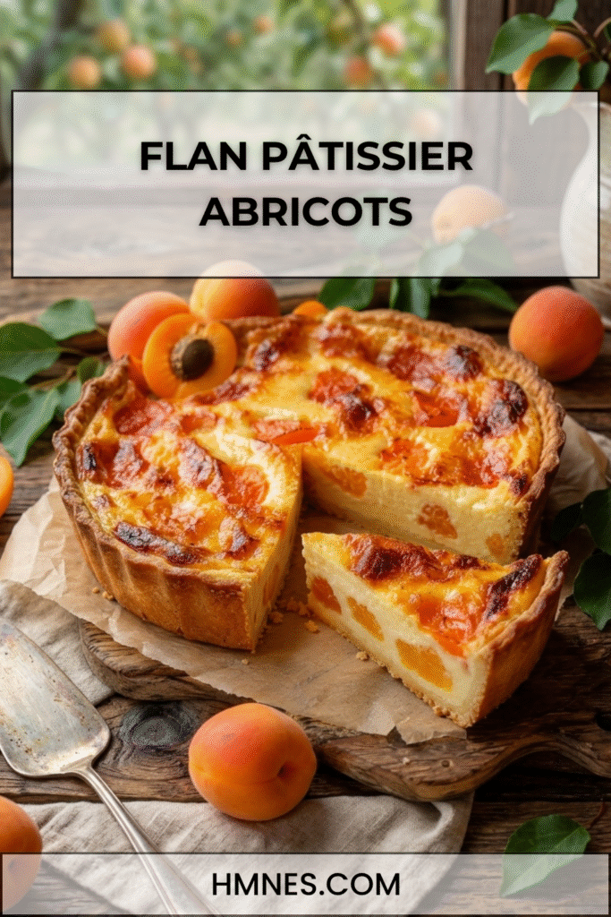 Flan pâtissier abricots et vanille bien doré avec crème fondante, morceaux d’abricots et pâte croustillante sur table rustique.