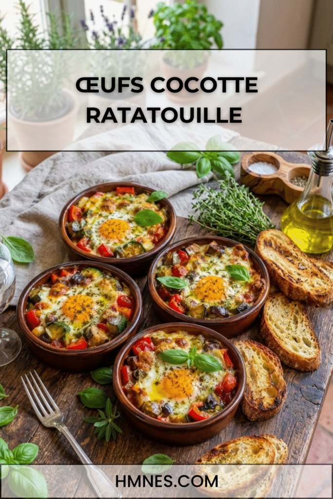 Œufs cocotte ratatouille et mozzarella servis dans des ramequins rustiques avec courgettes, tomates, aubergines et basilic frais.