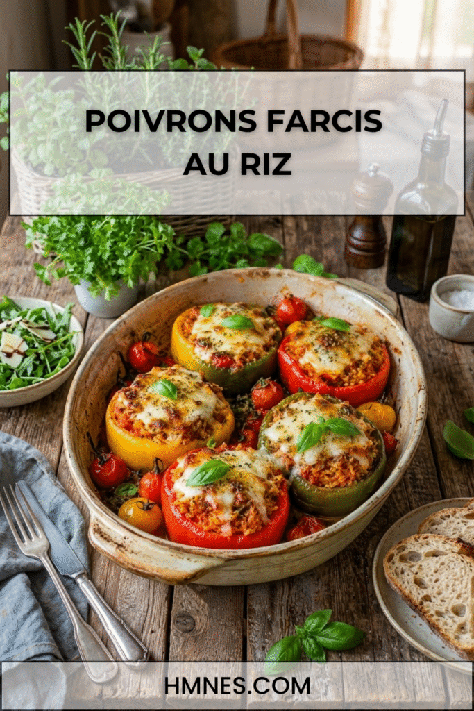 Poivrons farcis au riz, tomates et mozzarella gratinée dans un plat rustique avec basilic frais.