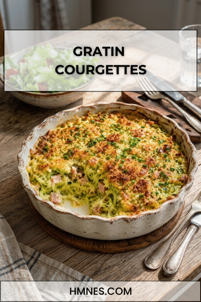 Gratin courgettes jambon et parmesan doré au four dans un plat rustique avec courgettes râpées fondantes et salade verte.