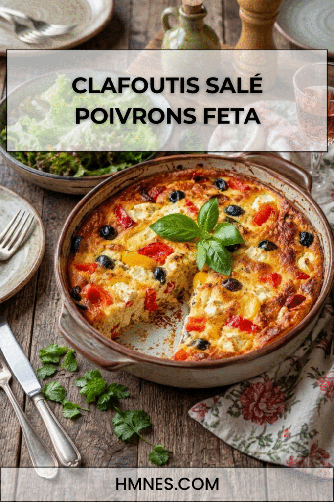 Clafoutis salé poivrons, feta et olives servi dans un plat rustique avec basilic frais et texture moelleuse dorée au four.