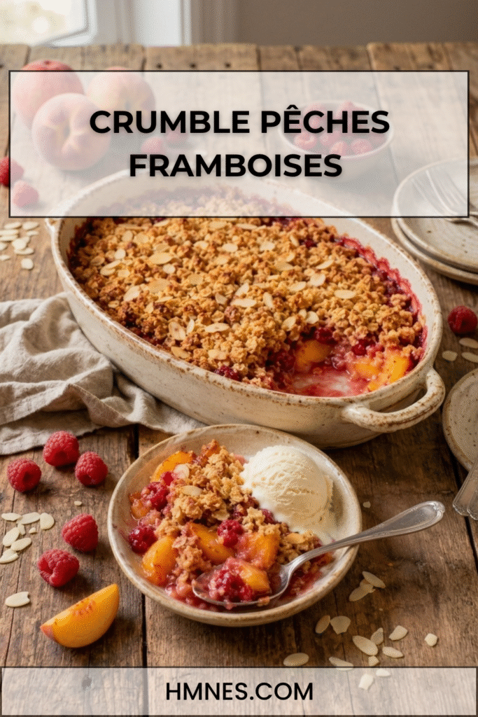 Crumble pêches framboises aux amandes doré au four avec fruits fondants, pâte croustillante et boule de glace vanille.