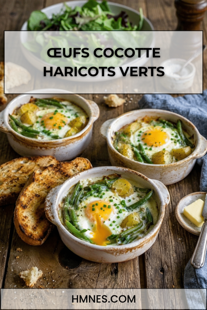 Œufs cocotte haricots verts, pommes de terre nouvelles et crème ciboulette servis dans des ramequins rustiques.