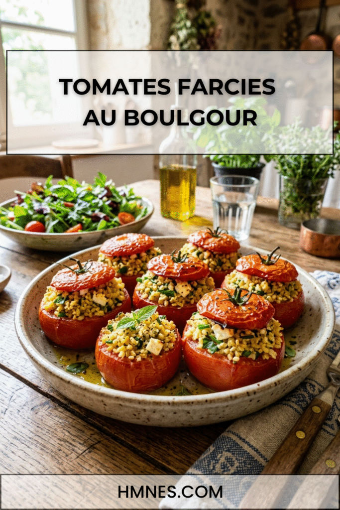 Tomates farcies au boulgour, feta et herbes fraîches servies dans un plat rustique avec une garniture dorée et parfumée.