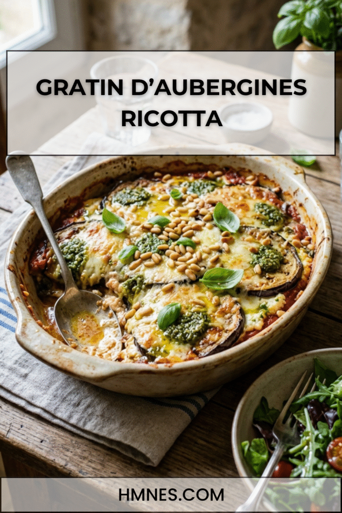 Gratin d’aubergines ricotta pesto et pignons doré au four dans un plat rustique avec basilic frais et texture fondante.