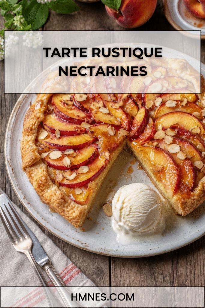 Tarte rustique nectarines crème d’amande dorée au four avec fruits fondants, pâte croustillante et amandes effilées.