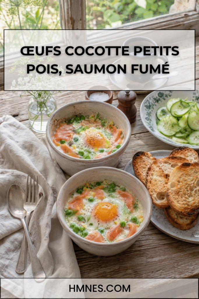 Œufs cocotte petits pois, saumon fumé et aneth servis dans des ramequins rustiques avec crème légère et pain grillé.