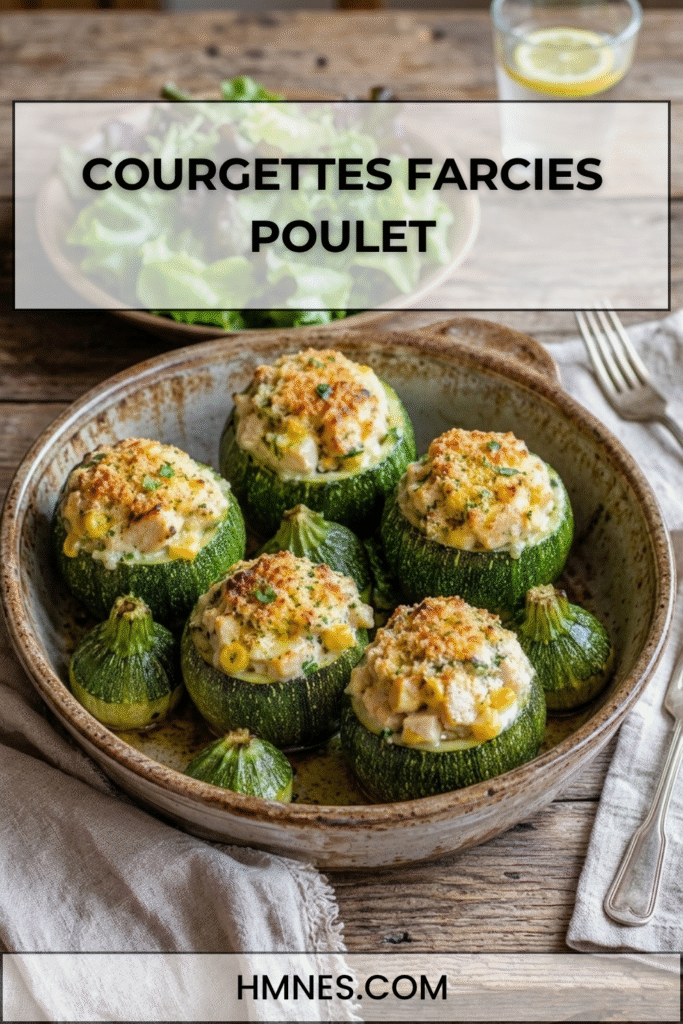 Courgettes farcies poulet, maïs et fromage frais gratinées au four dans un plat rustique avec herbes fraîches.