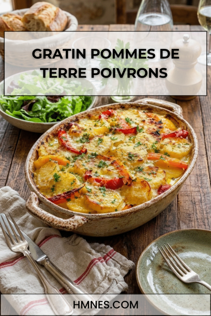 Gratin pommes de terre poivrons et comté doré au four dans un plat rustique avec poivrons rôtis, crème fondante et herbes fraîches.