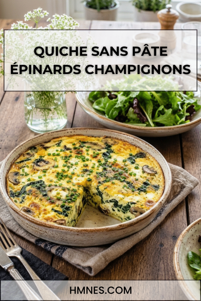 Quiche sans pâte épinards, champignons et fromage frais dorée au four dans un plat rustique avec salade verte.