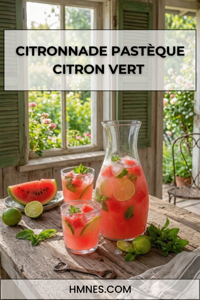 Citronnade pastèque citron vert menthe fraîche servie dans une carafe avec glaçons, rondelles de citron vert et cubes de pastèque.