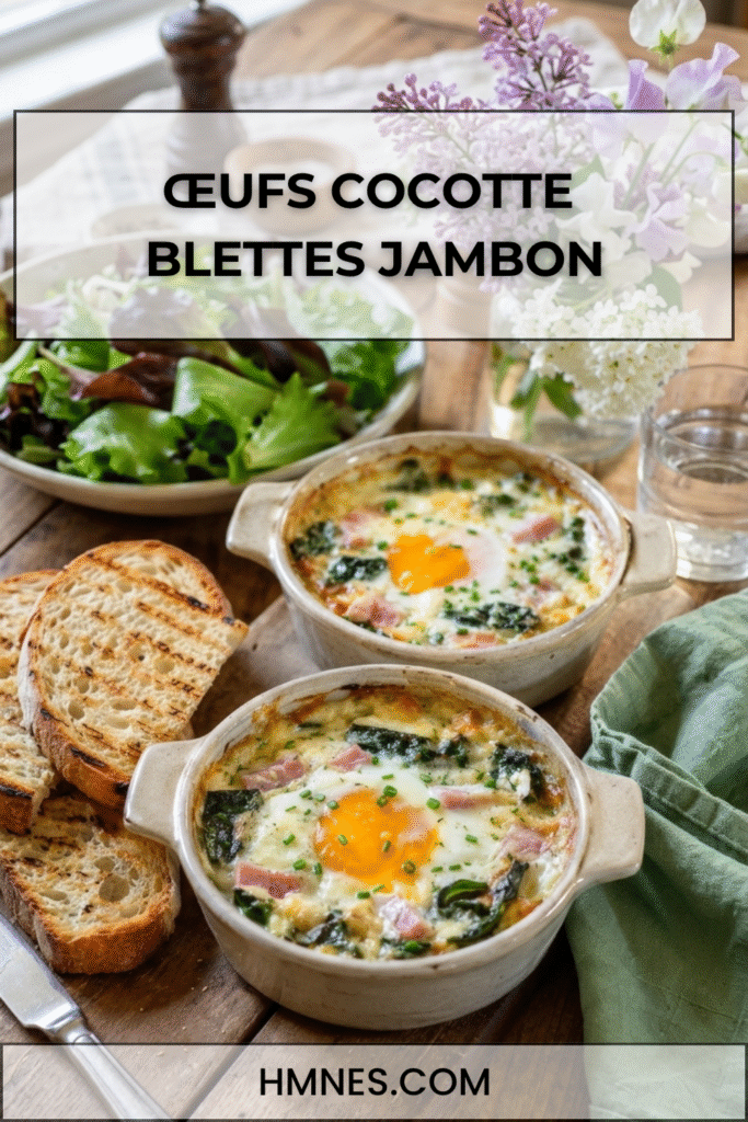 Œufs cocotte blettes, jambon blanc et tomme râpée servis dans des ramequins rustiques avec crème fondante et pain grillé.