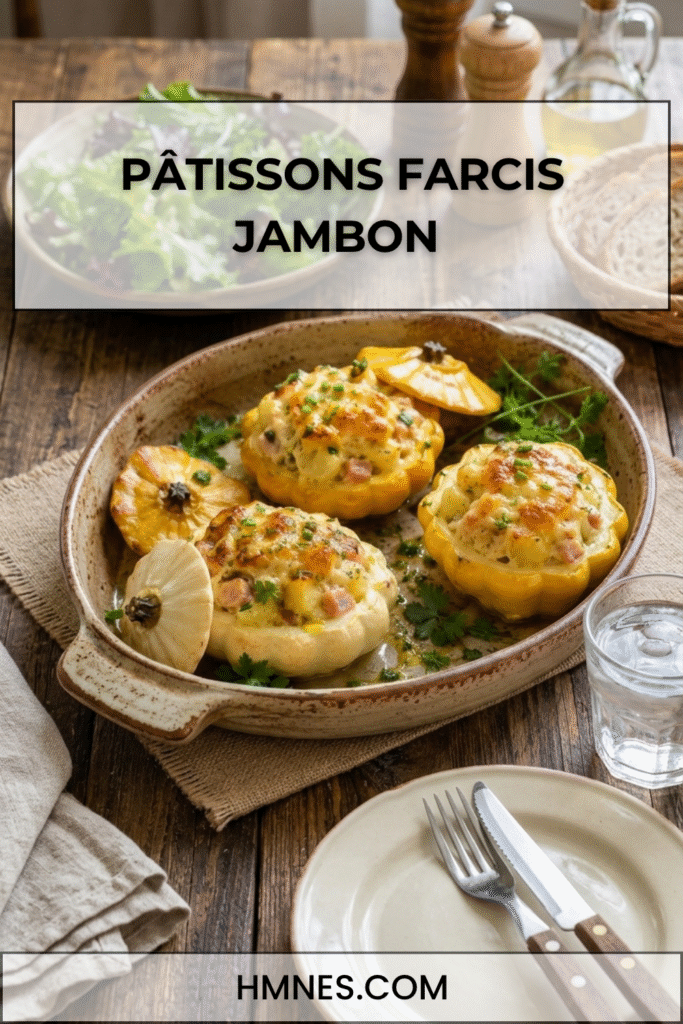Pâtissons farcis au jambon, pommes de terre nouvelles et comté gratinés au four dans un plat rustique avec herbes fraîches.