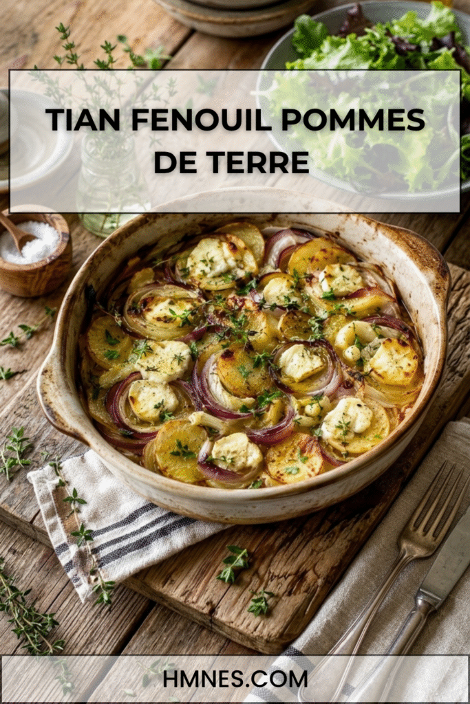 Tian fenouil pommes de terre et chèvre frais doré au four dans un plat rustique avec oignons rouges et thym frais.