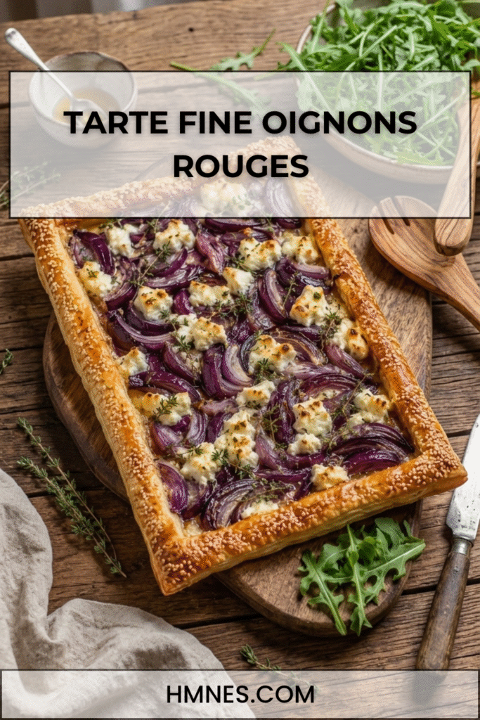 Tarte fine oignons rouges, fromage de brebis et thym dorée au four avec pâte croustillante et oignons fondants.