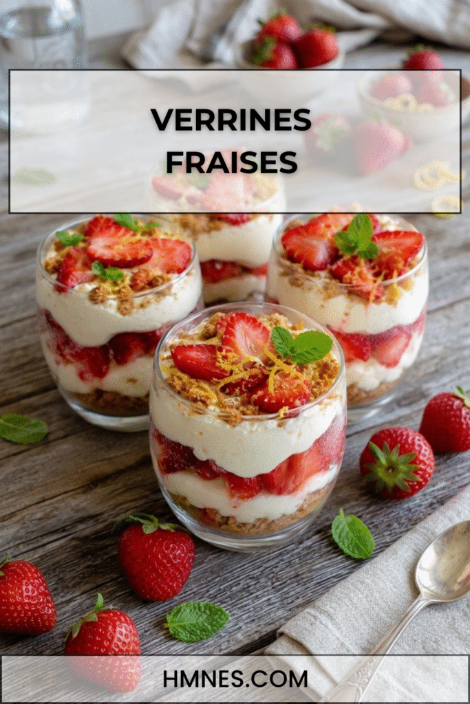 Verrines fraises mascarpone spéculoos avec crème citronnée, fraises fraîches, biscuits émiettés et menthe fraîche.