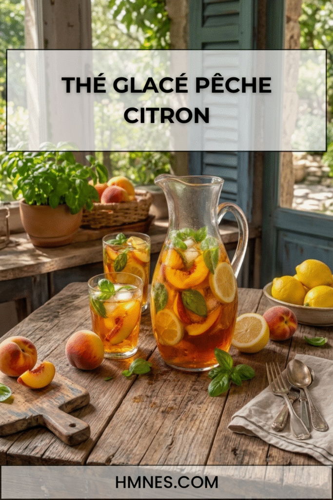 Thé glacé pêche citron basilic servi dans une carafe avec glaçons, tranches de pêche, rondelles de citron et feuilles de basilic.