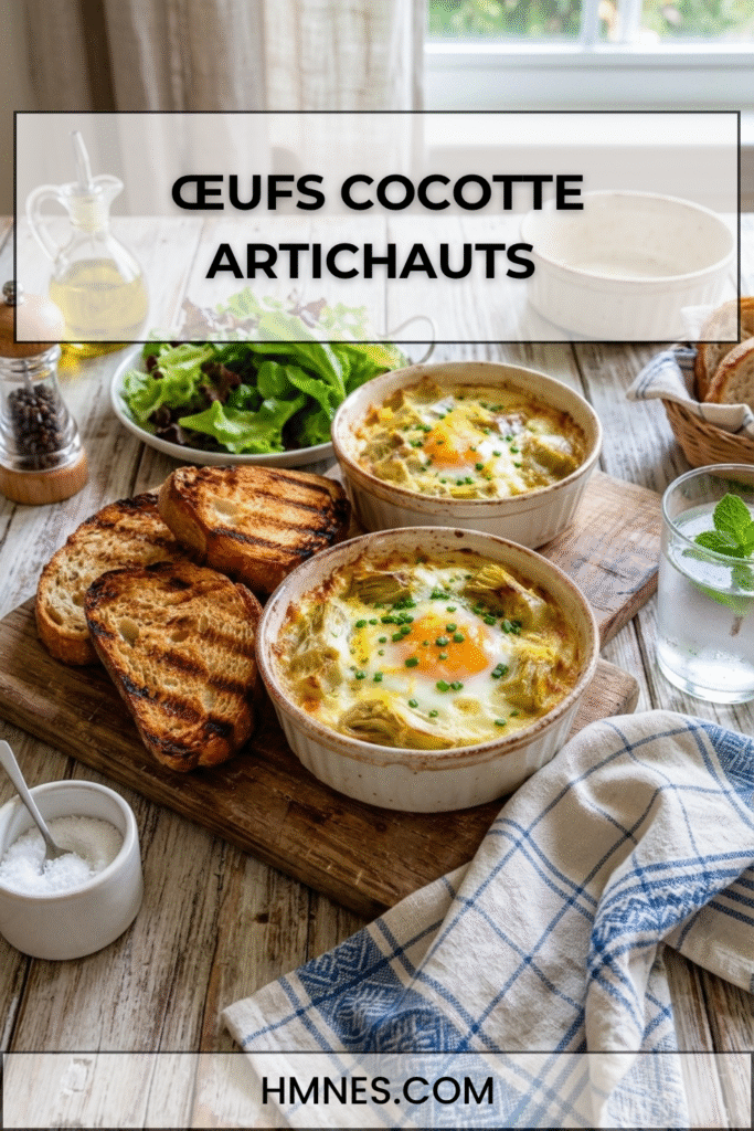 Œufs cocotte artichauts, crème citronnée et parmesan servis dans des ramequins rustiques avec pain grillé et herbes fraîches.