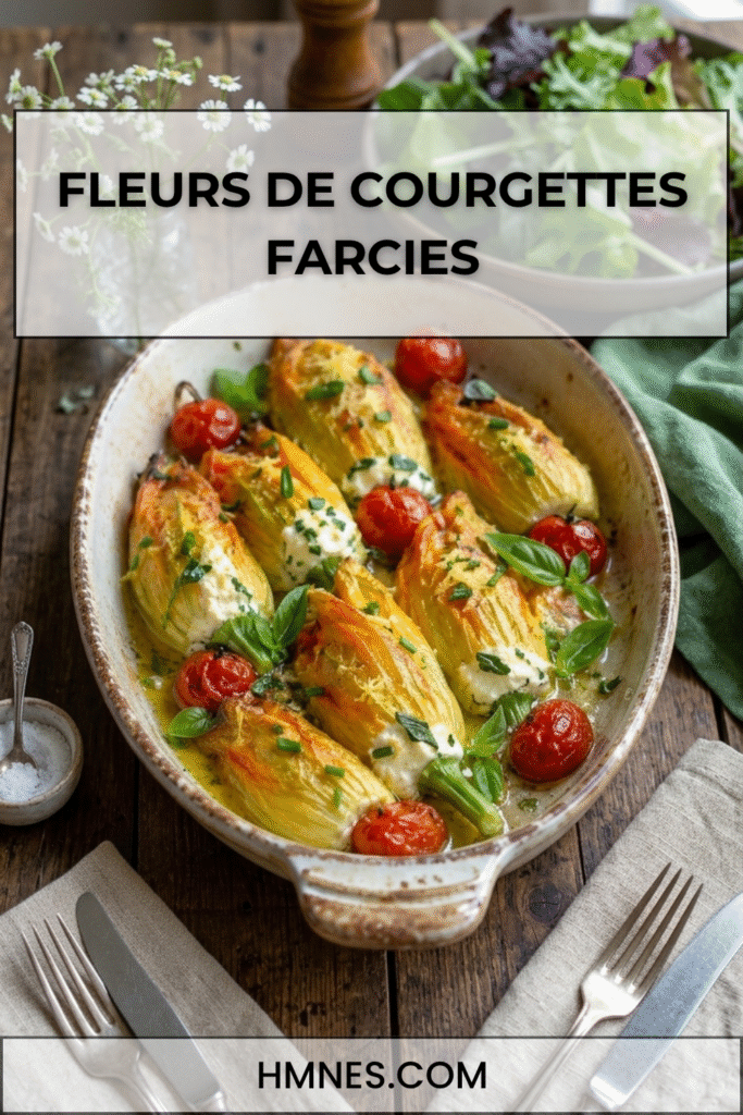 Fleurs de courgettes farcies à la ricotta, citron et basilic dorées au four dans un plat rustique avec herbes fraîches.