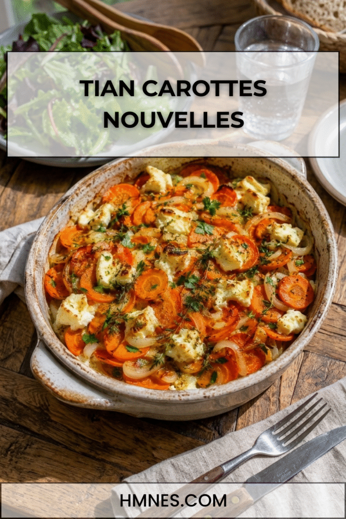 Tian carottes nouvelles, chèvre frais et thym doré au four dans un plat rustique avec oignons doux fondants.