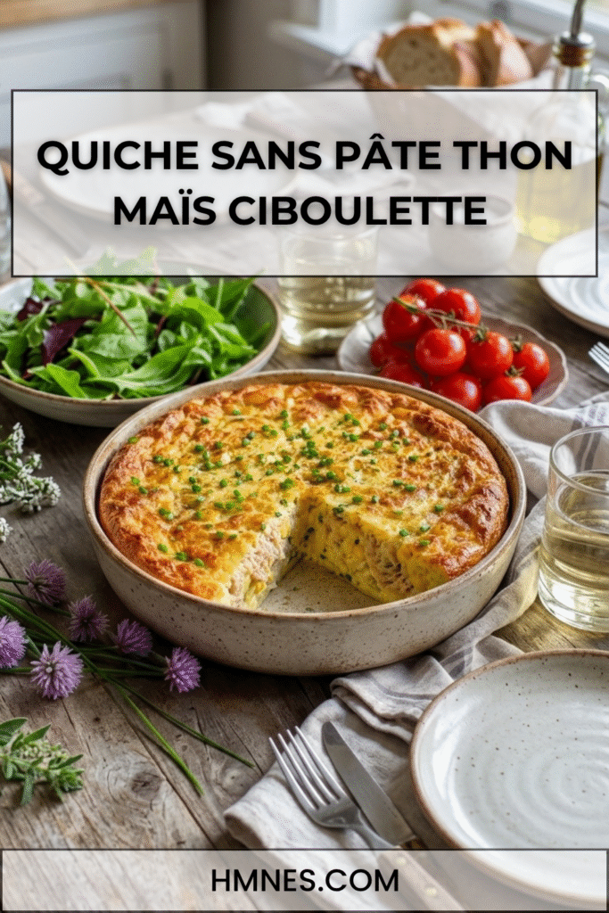 Quiche sans pâte thon, maïs et ciboulette dorée au four dans un plat rustique avec salade verte et texture moelleuse.