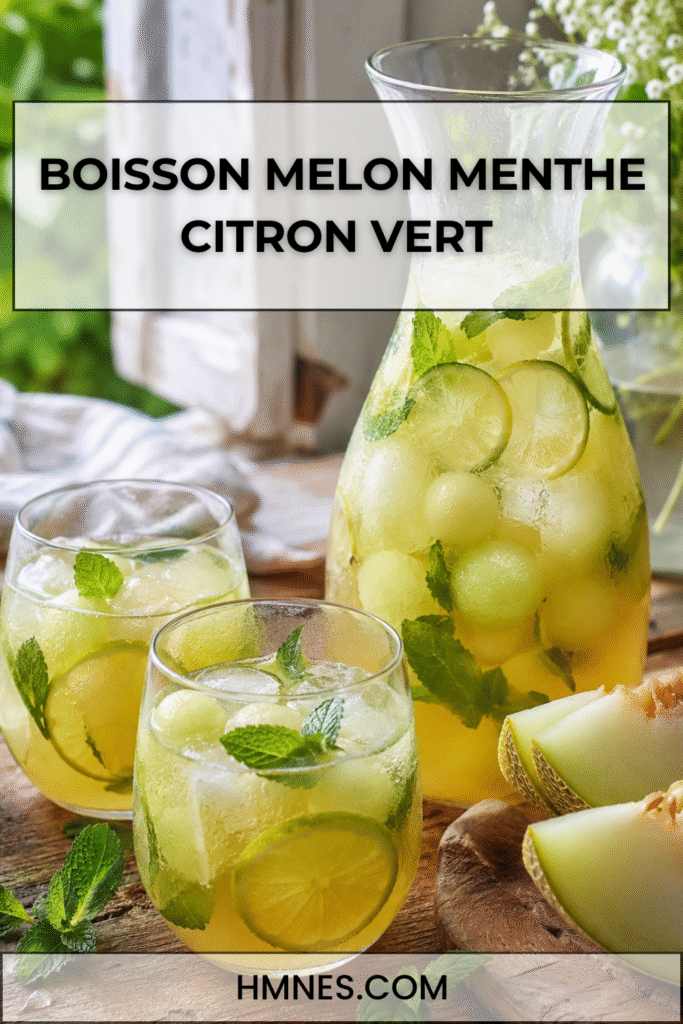 Boisson melon menthe au citron vert servie dans une carafe avec glaçons, billes de melon, rondelles de citron vert et feuilles de menthe.